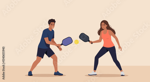 Flat vector of a young man and woman playing pickleball