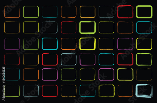 Colorful and monochrome square outlines in a grid layout with hand drawn ink strokes, ideal for abstract, retro, or modern design compositions.

