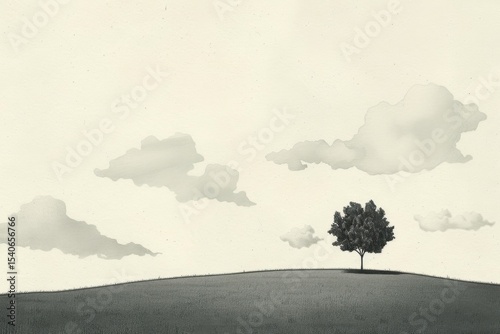 Tranquil Landscape with Solitary Tree and Soft Clouds