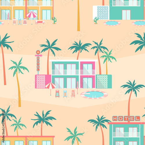 Tropical hotel seamless pattern. Poolside resort landscape with colorful hotel buildings, palm trees, sun loungers, parasols, retro motel signs on sand desert background in mid-century modern style