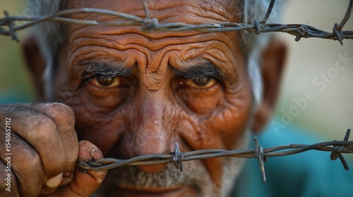 An elderly refugee standing behind barbed wire, symbolizing migration and displacement challenges.