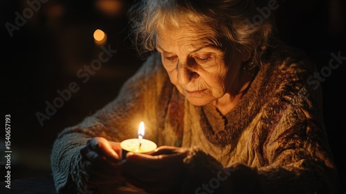 An elderly woman lighting a candle in a dimly lit room, symbolizing hope amidst despair.