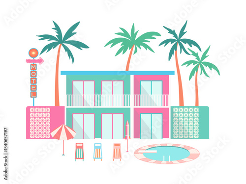 Retro motel vector illustration. Colorful hotel building in mid-century modern style with balconies, pool, palm trees, sunbeds, parasol isolated on white background. Beach summer vacation flat design