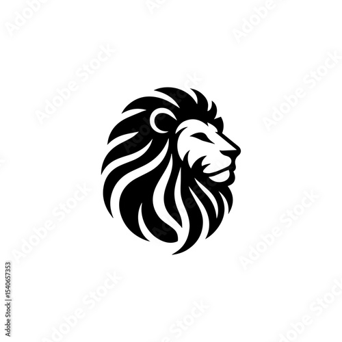 A stylized black and white lion's head, profile view, encircled by flowing mane.