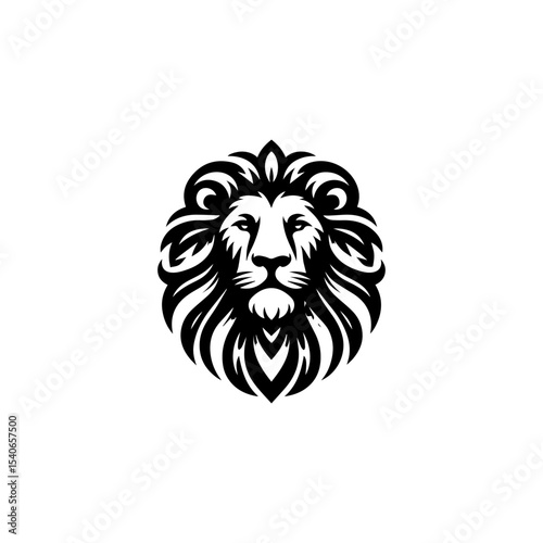A striking black and white illustration of a majestic lion's head, facing forward.