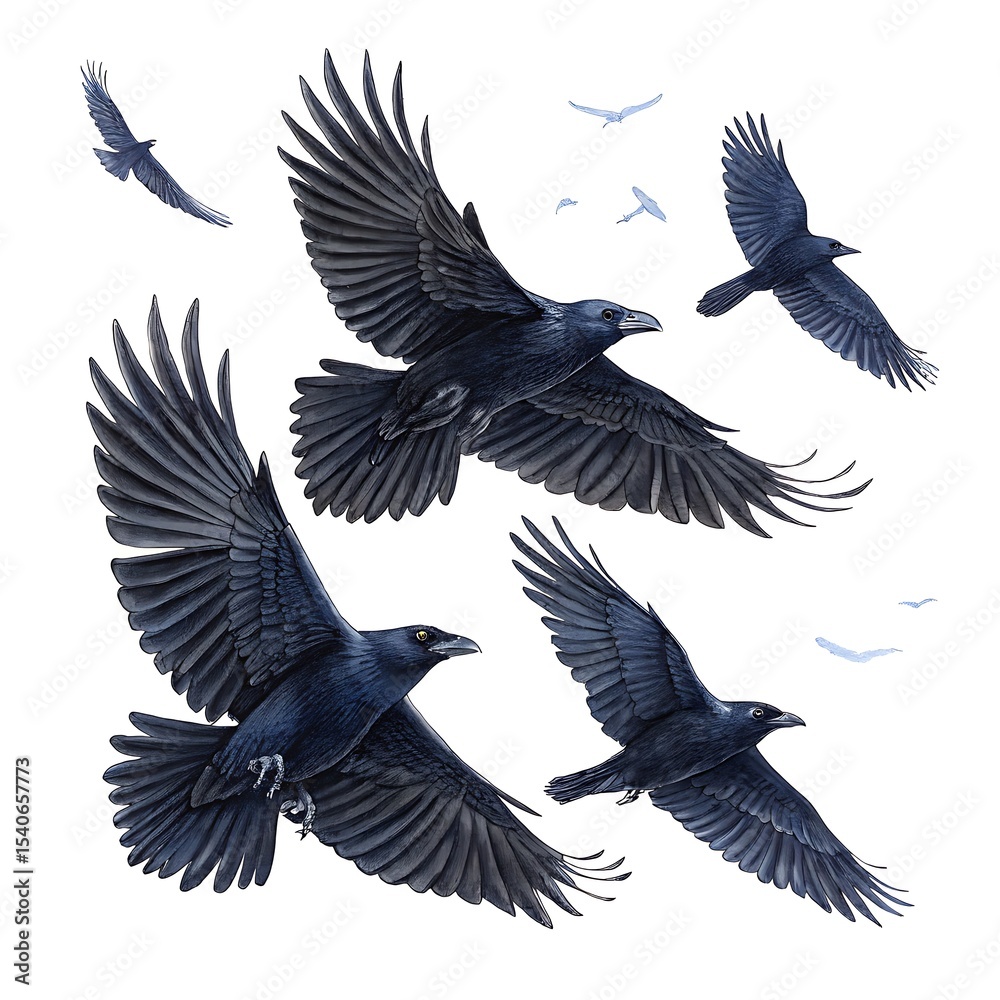 Obraz premium Four ravens in flight isolated on white background