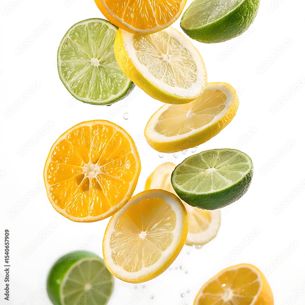 Fototapeta premium Citrus fruit slices falling in water isolated on white background