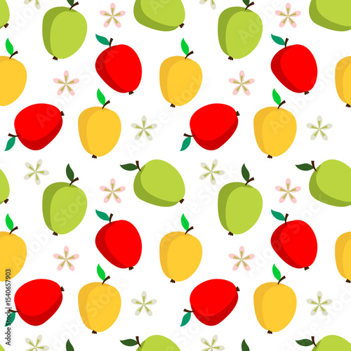Colorful apples and flowers in a minimalist style, symbolizing freshness and nature. Harvesting. Healthy food. Seamless vector pattern
