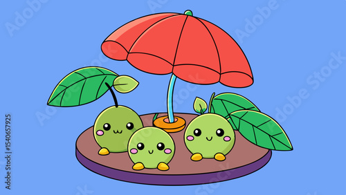 Cute cartoon fruits under a parasol