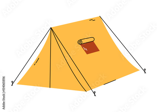Camping tent isolated vector illustration. Simple classic tent with guy lines and window. Summertime outdoor activity, travel, hiking. Flat object with cute doodle elements