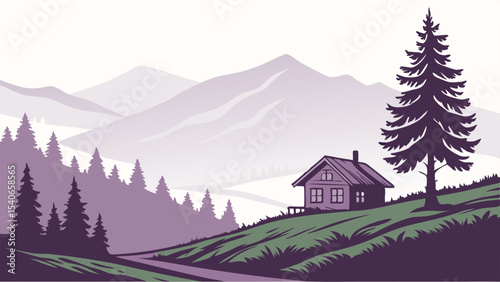 Mountain cabin landscape with evergreen trees