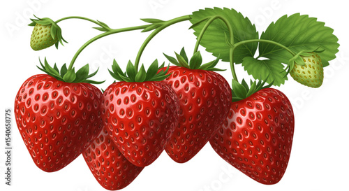 Juicy Strawberries: Lush red berries with vibrant green leaves