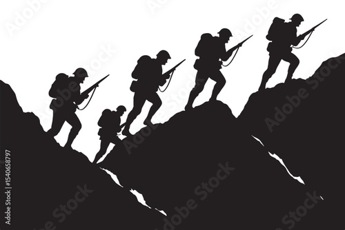 Group of soldiers climbing rocky mountain peak with rifles in silhouette