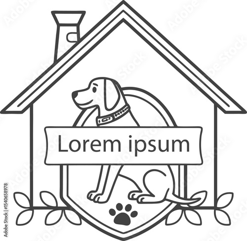 Cute cartoon house vector illustration with a funny pet dog and puppy