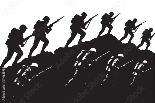 Silhouette of soldiers climbing a mountain in tactical formation with rifles
