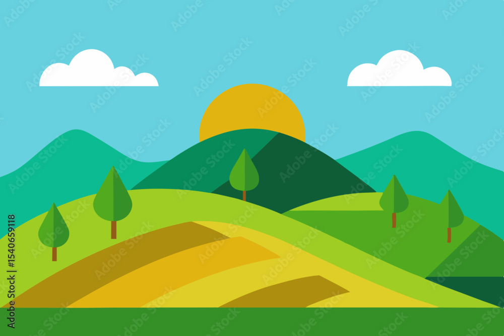 Fototapeta premium Cartoon landscape illustration green hills and sun