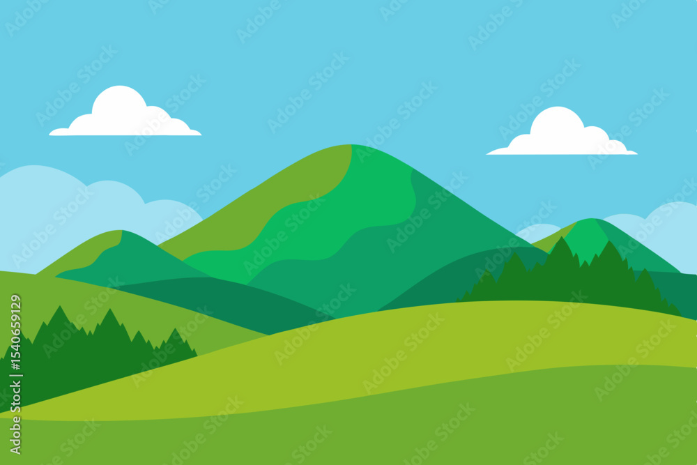 Fototapeta premium Simple cartoon landscape with green mountains and sky