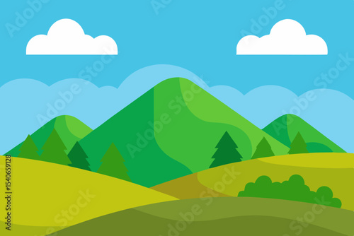 Simple cartoon landscape with green mountains and sky