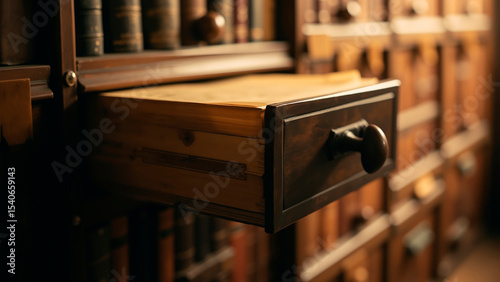 Aged Mahogany Library Drawer Reveals Layers of Antique Parchment and Leather Spines