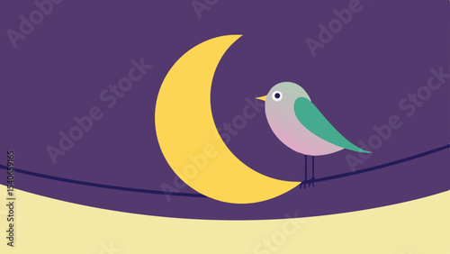 Nighttime bird perched on wire beside crescent moon