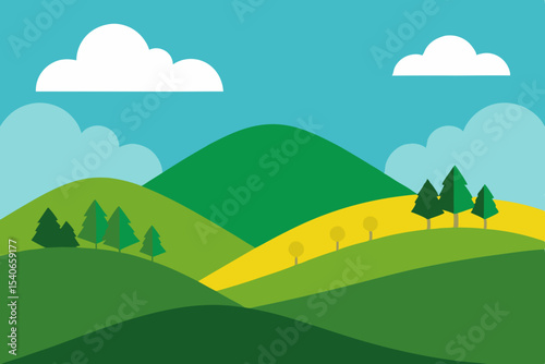 Simple cartoon landscape with green mountains and sky