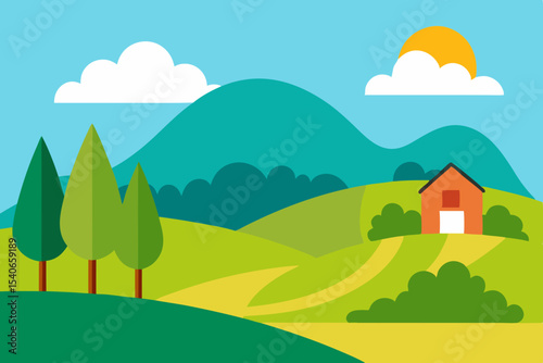 Cartoon countryside landscape with house and mountains