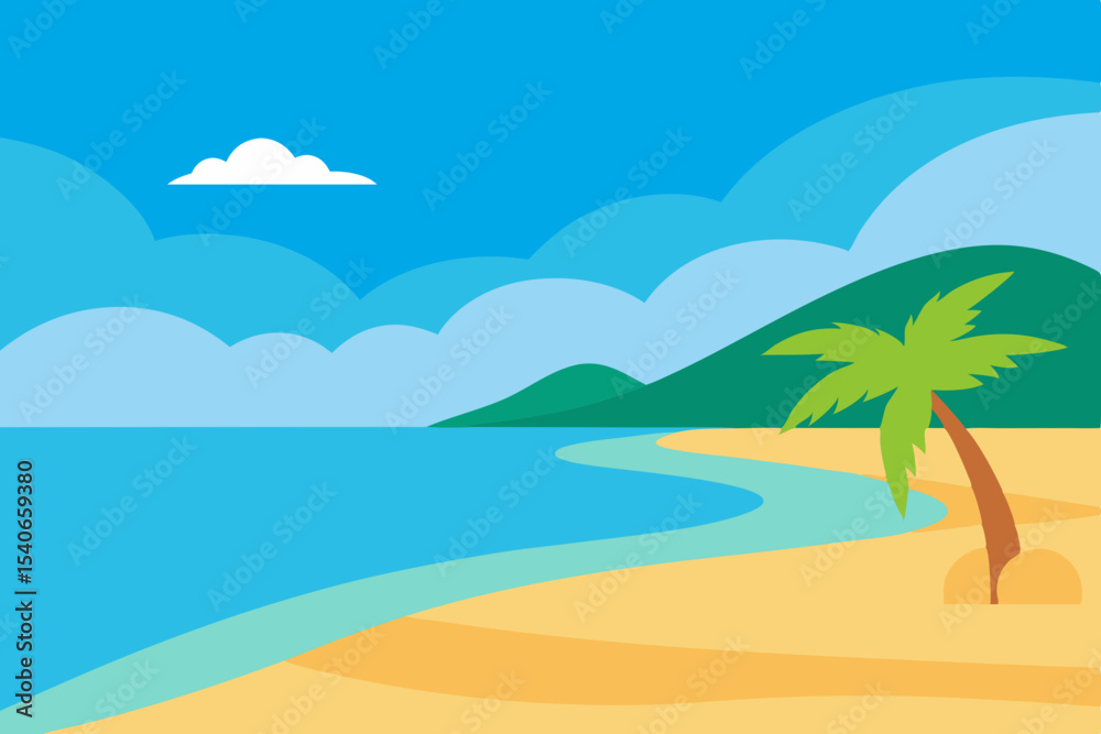 Fototapeta premium Tropical beach scene with palm tree and ocean