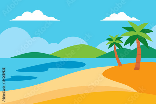 Tropical beach scene with palm tree and ocean