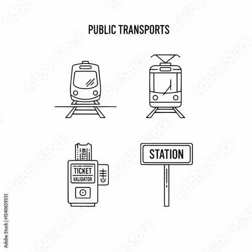 Public Transport Icons Set Including Train, Tram, Ticket Validator, and Station Signage