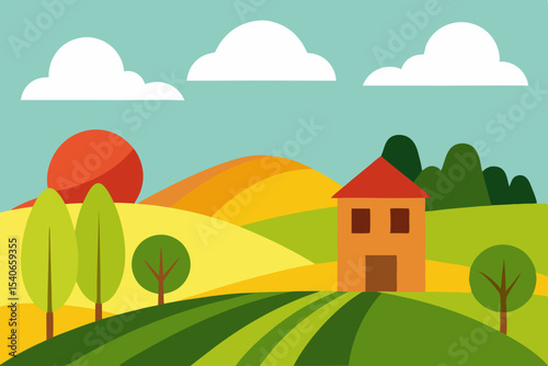 Cartoon countryside landscape with house and mountains