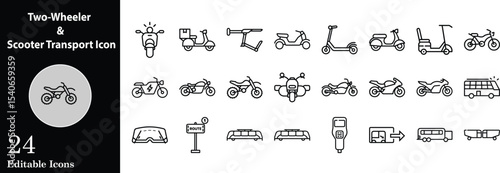 Collection of two wheeler and scooter transport icon set outlined in and white design