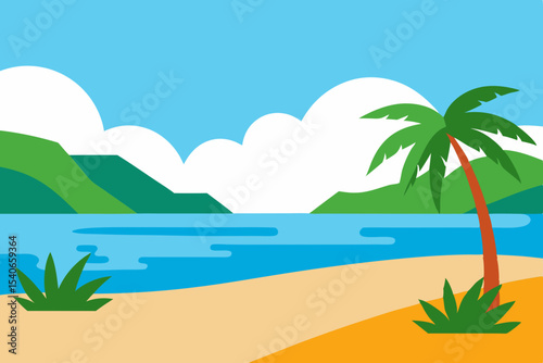 Tropical beach scene with palm tree and ocean