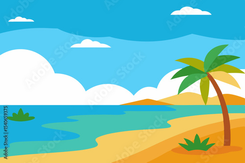 Tropical beach scene with palm tree and ocean