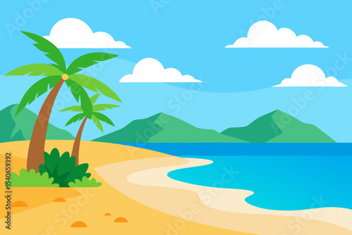 Tropical beach scene with palm tree and ocean