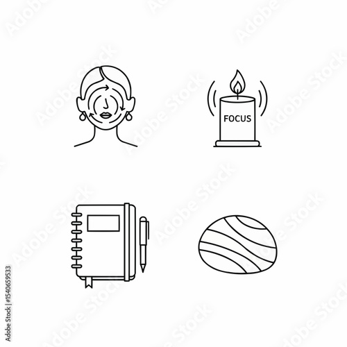 Icons Representing Mindfulness, Focus, Journaling, and Meditation Essentials