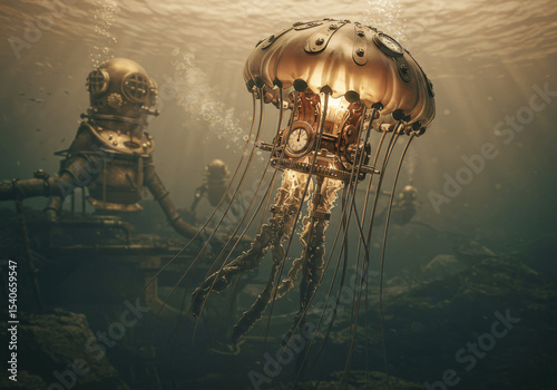 Victorian steampunk jellyfish with brass mechanical tentacles, copper gears and clockwork mechanisms, steam bubbles rising, industrial underwater scene, vintage diving helmet aesthetic
