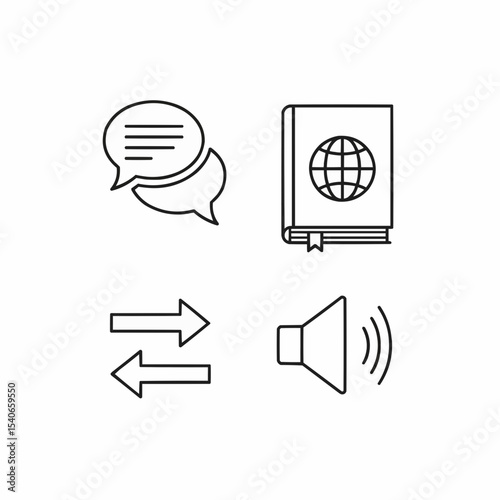Set of Language and Communication Outline Style Icons on White Background