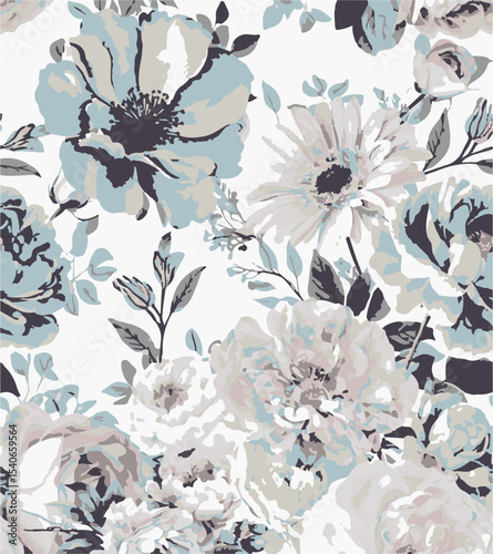 Big flowers pattern, upscale floral pattern. graphical textures floral, trendy colors pattern , flowers background with leaves. vector illustration.