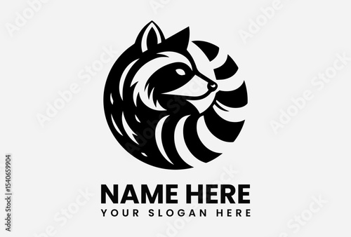 A stylized black and white raccoon logo, curled within a circular design, with text below.