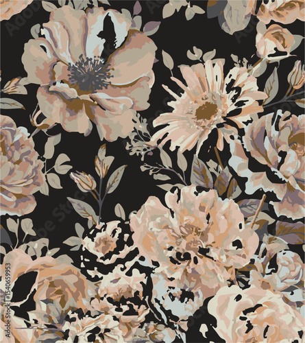 Big flowers pattern, upscale floral pattern. graphical textures floral, trendy colors pattern , flowers background with leaves. vector illustration.