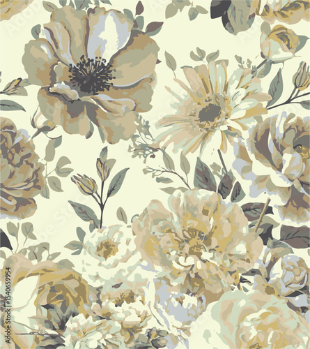 Big flowers pattern, upscale floral pattern. graphical textures floral, trendy colors pattern , flowers background with leaves. vector illustration.