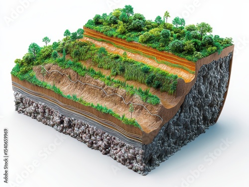Technical diagram of a landslide warning system showing subsurface sensors, surface tension cables, vegetation layers and erosion barriers in the context of climate adaptation
