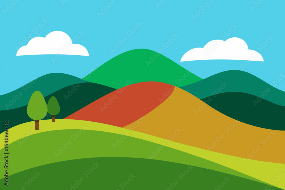 Fototapeta premium Cartoon landscape with green hills and mountains