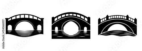 Three artistic bridge silhouettes over water design vector illustration