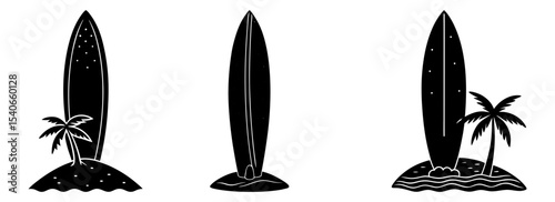 Surfboards on tropical islands vector art for summer vacation and surfing silhouette