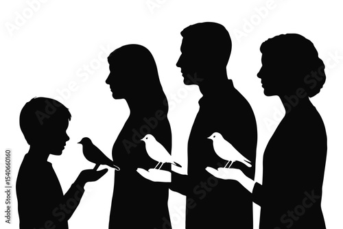 Family in silhouette holding birds in their hands with a calm expression