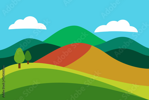 Cartoon landscape with green hills and mountains