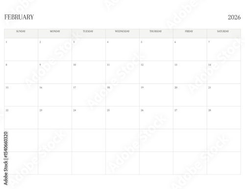 FEBRUARY 2026 Letter Size SUNDAY WEEK START Monthly Calendar, Minimalist Printable Calendar
