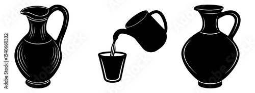 Vector illustration of drink pouring from pitcher into glass silhouette art