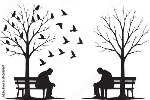 Lonely figure on a bench with birds flying in the sky and a bare tree